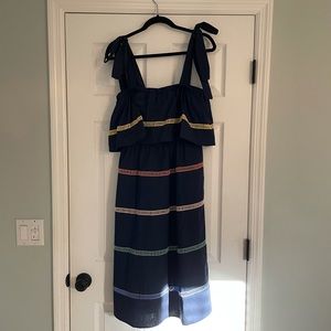 English Factory Navy Tier Dress with Multicolor Stripes